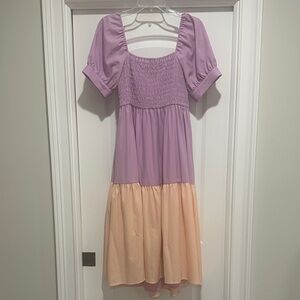 CROSBY by Mollie Burch Lavender and Peach Tiered Smocked  Midi Dress